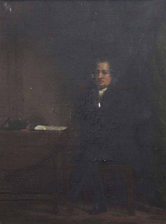 19th century English School Portrait of Charles Lamb (1775-1834), seated at a table with a copy of Elia 17 x 13in.